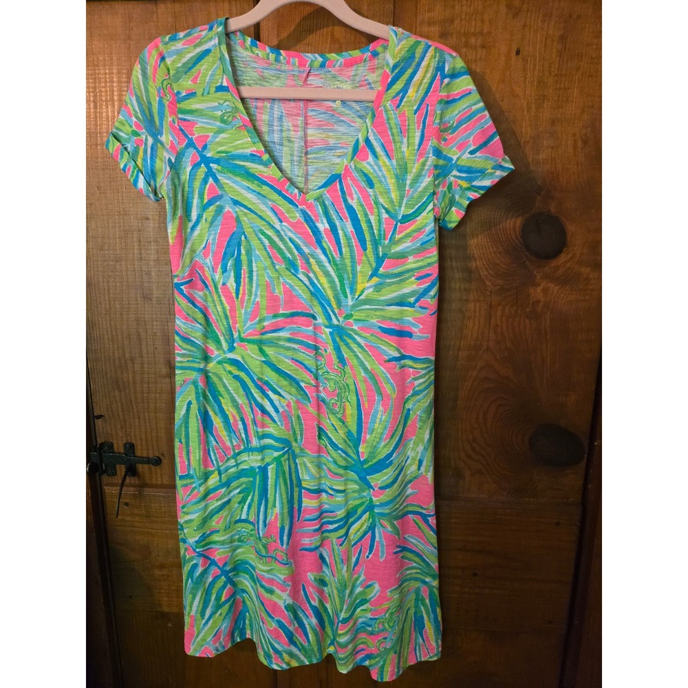 LILLY PULITZER Pink Green Palm Print Cotton V-Neck T-Shirt Dress XXS